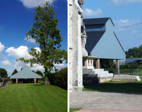 Garage et city-stade d'Alvimare par Atelier Cosme Architecture. Structure bois, façade bois, et volumes jouent avec les échelles du site.