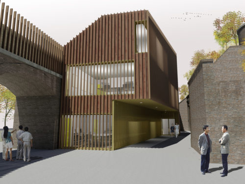 Vue perspective du pôle d'arts graphiques imaginé au Fort de Tourneville, au Havre, pour Collectif Intro, par Atelier Cosme Architecture. Les façades sont en bois.
