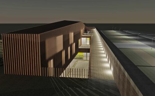 Vue nocturne du pôle d'arts graphiques imaginé au Fort de Tourneville, au Havre, pour Collectif Intro, par Atelier Cosme Architecture. Les façades sont en bois.