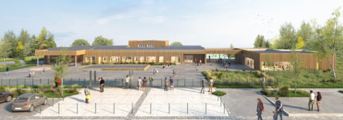 Vue d'ensemble de l'extension et rénovation du groupe scolaire de Saint-Arnoult par Atelier Cosme Architecture. Façades bois.