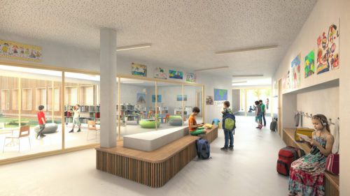 Vue sur la bibliothèque de l'extension et rénovation du groupe scolaire et centre de loisirs de Saint-Arnoult par Atelier Cosme Architecture. Façades bois.