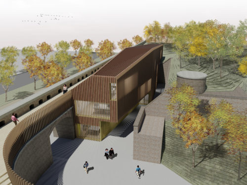 Vue aérienne du pôle d'arts graphiques imaginé au Fort de Tourneville, au Havre, pour Collectif Intro, par Atelier Cosme Architecture. Les façades sont en bois.