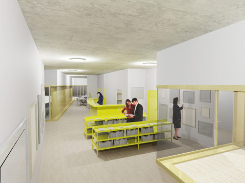 Vue intérieure du pôle d'arts graphiques imaginé au Fort de Tourneville, au Havre, pour Collectif Intro, par Atelier Cosme Architecture.